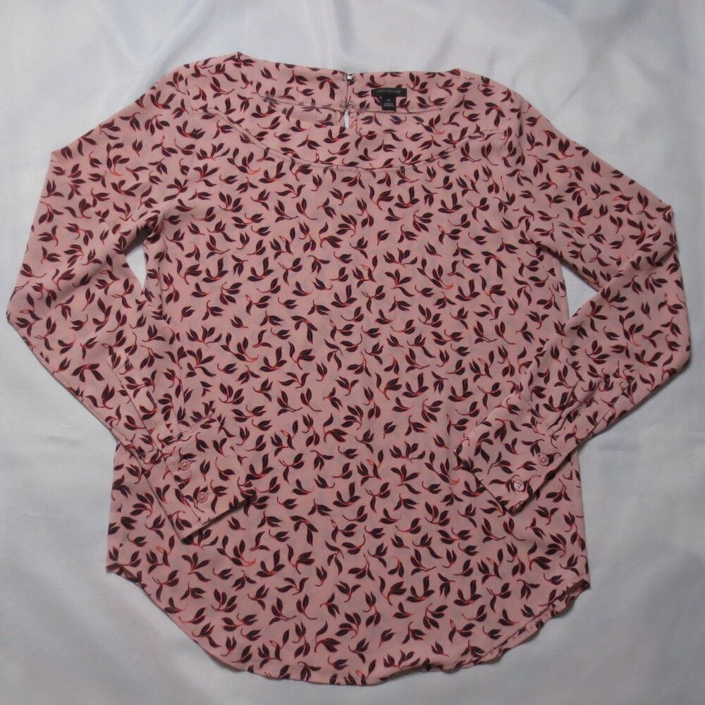 ANN TAYLOR womens PINK blouse TOP rose BOATNECK long sleeve LEAVES shirt SIZE XS